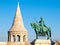 Saint Stephen I mounted statue- the first king of Hungary at Fisherman`s Bastion in Budapest