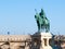 Saint Stephen I mounted statue- the first king of Hungary at Fisherman`s Bastion in Budapest