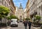 Saint Stephen`s Basilica at the end of a street in Budapest, Hungary