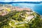 Saint Tropez fortress and landscape aerial panoramic view, famous tourist destination on Cote d Azur