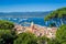 Saint-Tropez old town and yacht marina view from fortress on the hill.