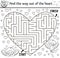 Saint Valentine day black and white maze for children in heart shape. Holiday preschool printable educational activity. Funny game