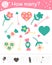 Saint Valentine day counting game with heart, candy, arrow, flower. Holiday math activity for preschool children. How many objects