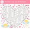 Saint Valentine day maze for children in heart shape. Holiday preschool printable educational activity. Funny game with cute