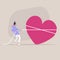 Saint Valentine Day, young female character pulling a heart with a rope, love and achievement concept