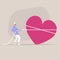 Saint Valentine Day, young male character pulling a heart with a rope, love and achievement