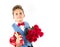 Saint Valentine`s day. Handsome gentleman boy with blue vest, red tie, red roses bucket and red balloons . Valentines day kids. L