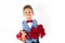 Saint Valentine`s day. Handsome gentleman boy with blue vest, red tie, red roses bucket and red balloons . Valentines day kids. L