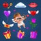Saint Valentine`s day icons set - little angel or cupid, flying heart with wings, red rose flower, pink balloon, gift box, letter