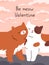 Saint Valentine's day postcard with cute cats, love couple. 14 February, romantic holiday, Meow Valentines card with