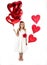 Saint Valentine`s day. Pretty girl with red dress, red roses bucket and heart