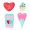 Saint Valentine s day vector set. Coffee, icecream, heart, puncake