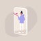 Saint Valentine`s Day, Young character blowing kisses on a smartphone screen, millennial lifestyle