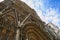 Saints in portal of Notre-Dame facade. Architecture sights of Paris.