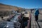 Sakhurta, Russia - May 1, 2018: Ferry dock on the island of Olkhon. Lake Baikal. People are waiting on the shore for