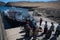 Sakhurta, Russia - May 1, 2018: Ferry dock on the island of Olkhon. Lake Baikal. People are waiting on the shore for