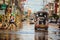 Sakon Nakhon, Thailand - August 4, 2017: Difficulty transportation in a heavy flooding situation in urban Sakon Nakhon, Thailand.