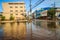 Sakon Nakhon, Thailand - August 4, 2017: Difficulty transportation in a heavy flooding situation in urban Sakon Nakhon, Thailand.