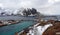 Sakrisoy and Hamnoya on Reinefjorden from mountain on the Lofoten in Norway in winter