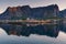 Sakrisoy village in summer season in midnight with reflection, Lofoten island in Nordland, Norway, Scandinavia