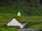 Saksun. Old white church with green grass roof