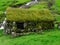 Saksun. Stone house with grass roof