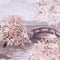 Sakura blooming trees bridge on river watercolor abstract illustration Cherry blossom scenery spring nature