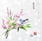 Sakura in blossom, bamboo branch and little bird