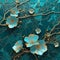 Sakura branch. 3d Japanese style floral textured seamless turquoise pattern. Art Deco modern vector surface background. 3d blossom