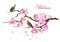 Sakura branch with birds. Spring poster with blooming sakura.
