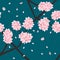 Sakura Cherry Blossom Flower on Indigo Green Teal Background.