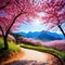 Sakura Cherry blossoming Wonderful scenic park with rows of blooming cherry sakura trees in Pink flowers of cherry