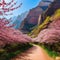 Sakura Cherry blossoming Wonderful scenic park with rows of blooming cherry sakura trees in Pink flowers of cherry