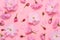 Sakura cherry flowers floral pattern, late blooming double flowered japaneese yaezakura on pink background