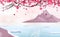 Sakura falling scatter with full moon, landscape with ice mountain, season change japanese background traveling poster concept,