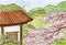 Sakura, Japanese cherry tree blossoms and traditional Japanese house with red roof, watercolor sketch illustration