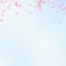 Sakura petals falling down. Romantic pink flowers gradient. Flying petals on blue sky square backgro