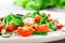Salad with arugula, salmon and cherry tomato