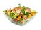Salad with avocado, shrimp, fresh cherry tomatoes, quail egg and arugula