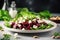 Salad with beet or beetroot, green mix lettuce, nuts, feta cheese