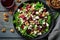 Salad with beet or beetroot, green mix lettuce, nuts, feta cheese