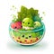 Salad bowl fruits vegetables, healthy food. Cute vegetables and berries in a plate, cartoon style