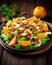 salad with chicken, oranges and walnuts on wooden background. AI Generative