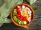 Salad cucumbers, tomatoes diet , summer homemade antioxidant eggs dinner cuisine a wooden background