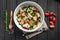 Salad with eggplant in batter and fried eringi mushrooms