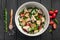 Salad with eggplant in batter and fried eringi mushrooms