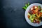 Salad with fresh cucumbers, tomatoes and greens with grilled meat on a plate Wooden board.