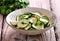 Salad of fresh zucchini with garlic, coriander, olive oil, balsamic vinegar and sea salt.