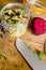 Salad In Jar With Beetroot And Knife On Chopping Board