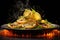 salad with lemon and basil on a black background with fire flames, Ignite your taste buds with a flaming lemon-infused culinary